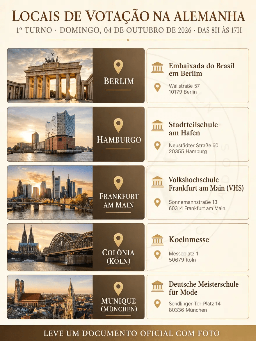 Locales de votación de las elecciones brasileñas 2026 en Alemania: Berlín, Hamburgo, Fráncfort del Meno, Colonia y Múnich