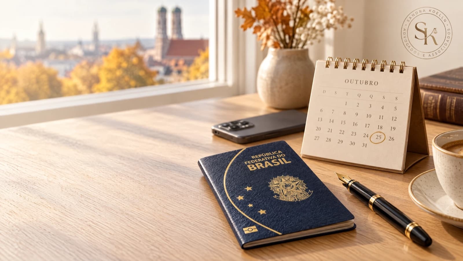 Pasaporte brasileño y calendario con el 25 de octubre marcado sobre una mesa clara