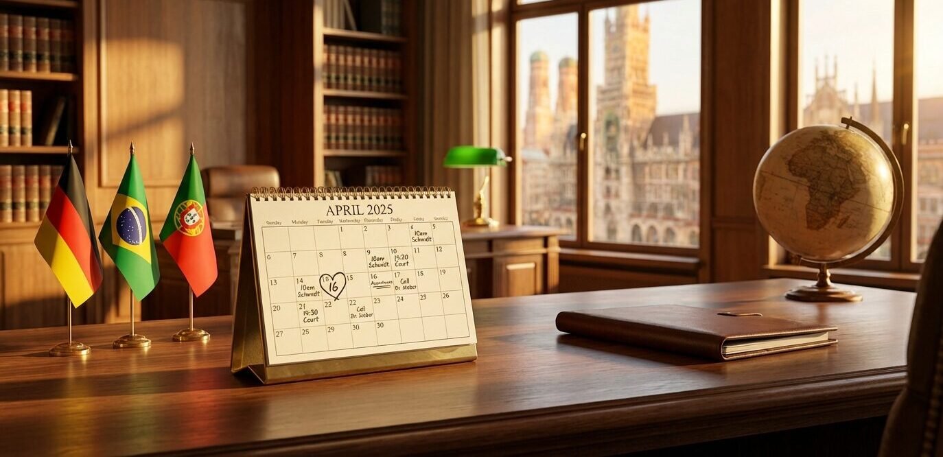 Calendário de mesa em escritório de advocacia internacional com vista urbana em Munique