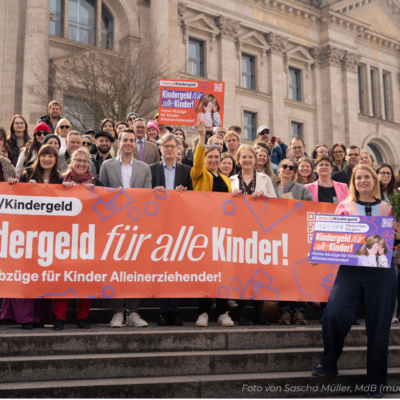 Mães solo e apoiadores segurando faixa Kindergeld für alle Kinder em frente ao Bundestag, Berlim