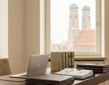 Vista da Frauenkirche em Munique a partir de escritório de advocacia internacional