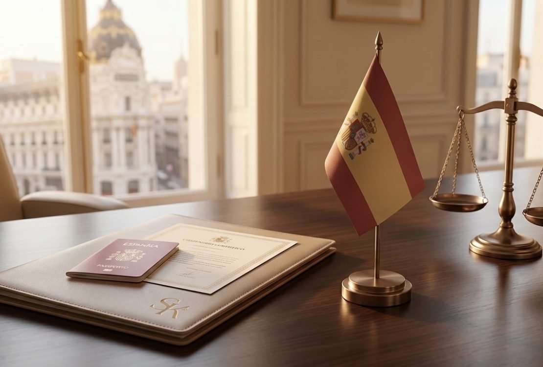Documentos jurídicos com bandeira da Espanha representando cidadania espanhola