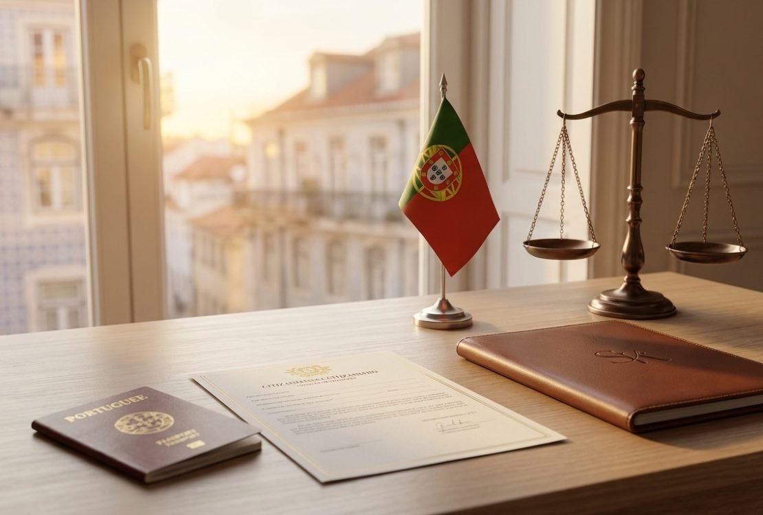 Mesa jurídica com bandeira de Portugal representando cidadania portuguesa