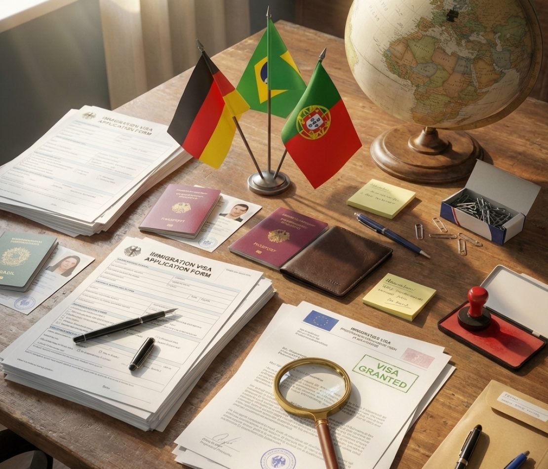 Mesa de escritório de advocacia com documentos jurídicos e lupa representando análise legal